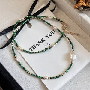 Elegant freshwater pearl and malachite beaded necklace with gold accents