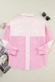 Colorblock corduroy shacket in blush pink with raw edges and buttoned cuffs.