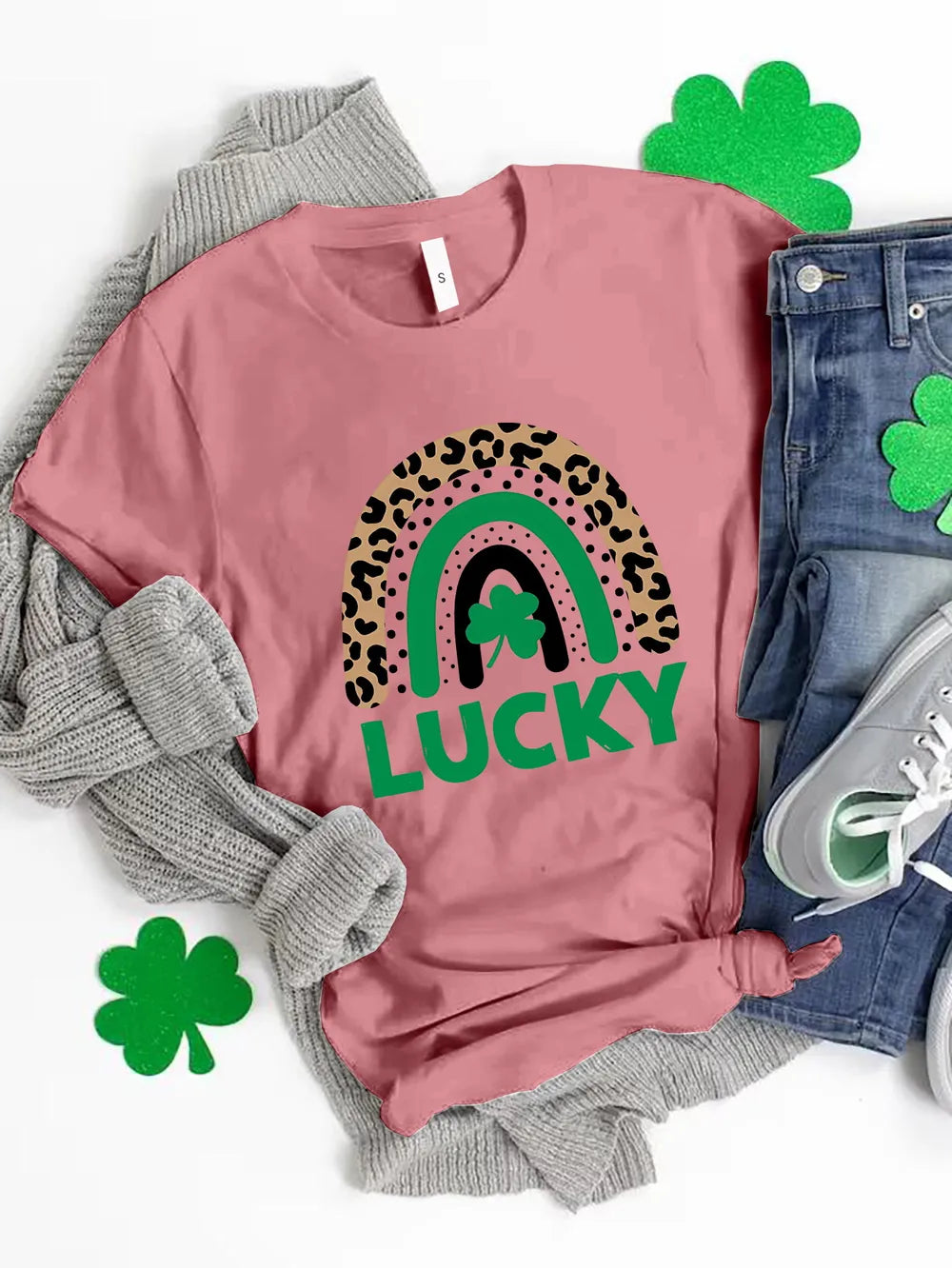 Dusty pink t-shirt with leopard print rainbow graphic and LUCKY text.