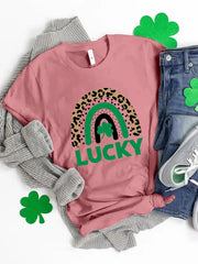 Dusty pink t-shirt with leopard print rainbow graphic and LUCKY text.