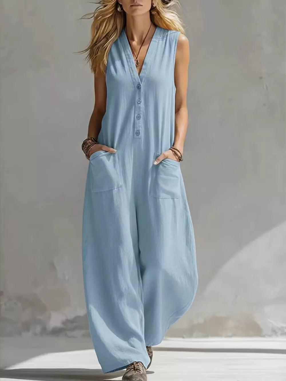 Chic V-neck Wide-leg Jumpsuit With Pockets
