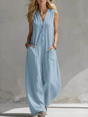 Chic V-neck Wide-leg Jumpsuit With Pockets