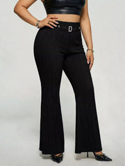 Black ribbed high-waist flare maternity trousers with a decorative buckle detail.
