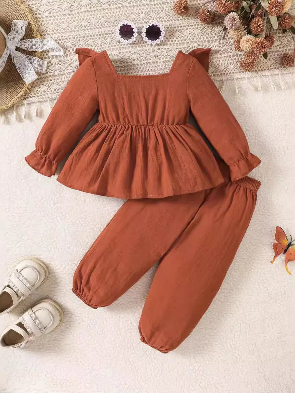 Children's Bow Long Sleeve Blouse And Pants Set in Light Brown, alternate angle