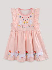 Pink striped cotton dress with embroidered bunnies and flowers, ruffle sleeves