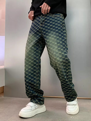 Men's relaxed fit jeans in dark wash denim with all-over woven motif pattern.