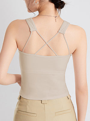 Sculpted Back Crop Tank in Dust Storm with crisscross strap detail.