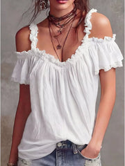 White ruffled cold shoulder shirt with deep V-neck and short sleeves.