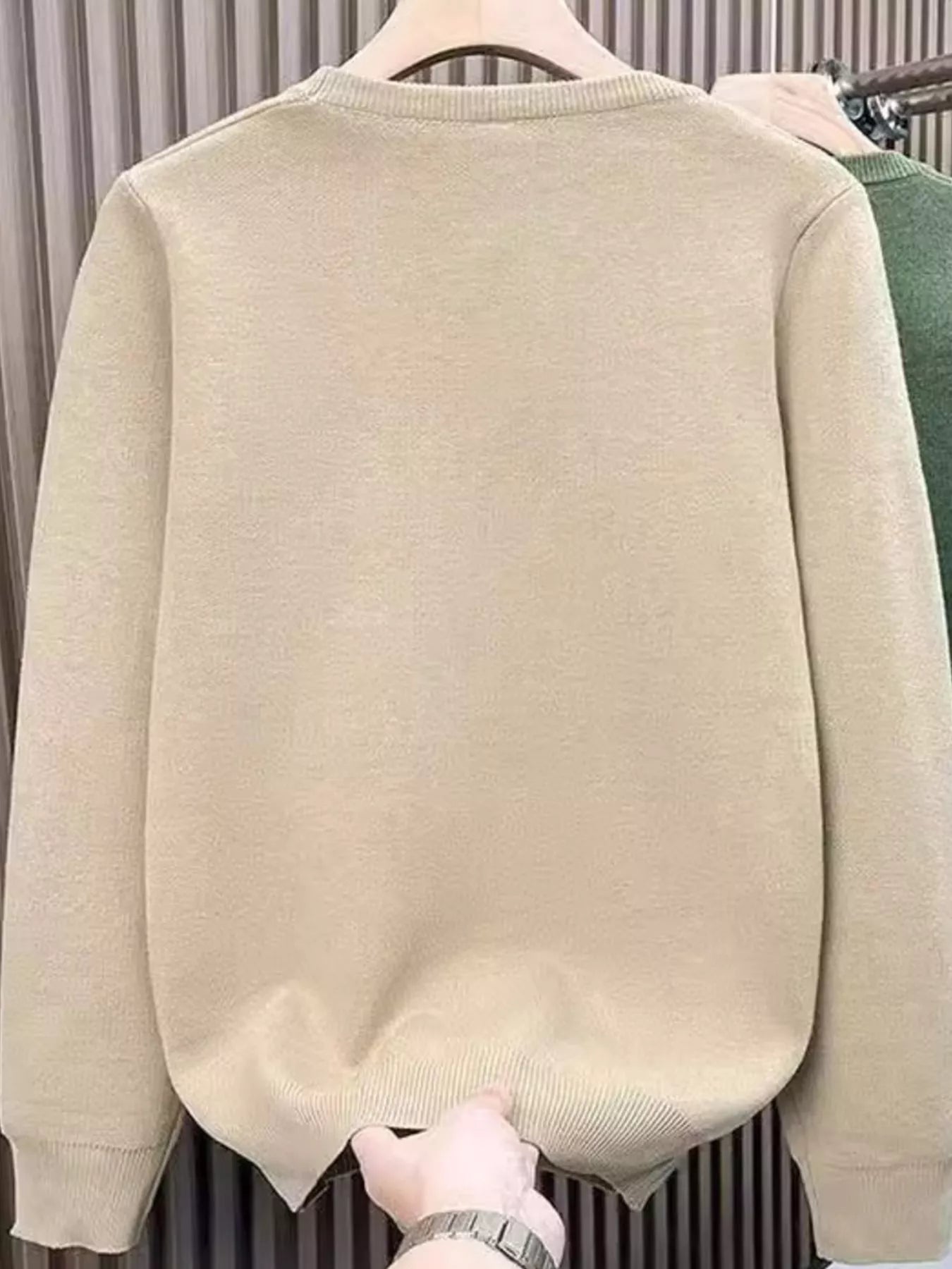 Men's Khaki long sleeve crewneck sweater with ribbed cuffs and hem.
