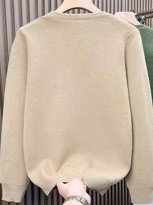 Men's Khaki long sleeve crewneck sweater with ribbed cuffs and hem.