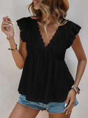 Black lace trim ruffle sleeve blouse with V-neck and eyelet detail.
