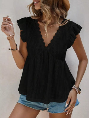 Black lace trim ruffle sleeve blouse with V-neck and eyelet detail.