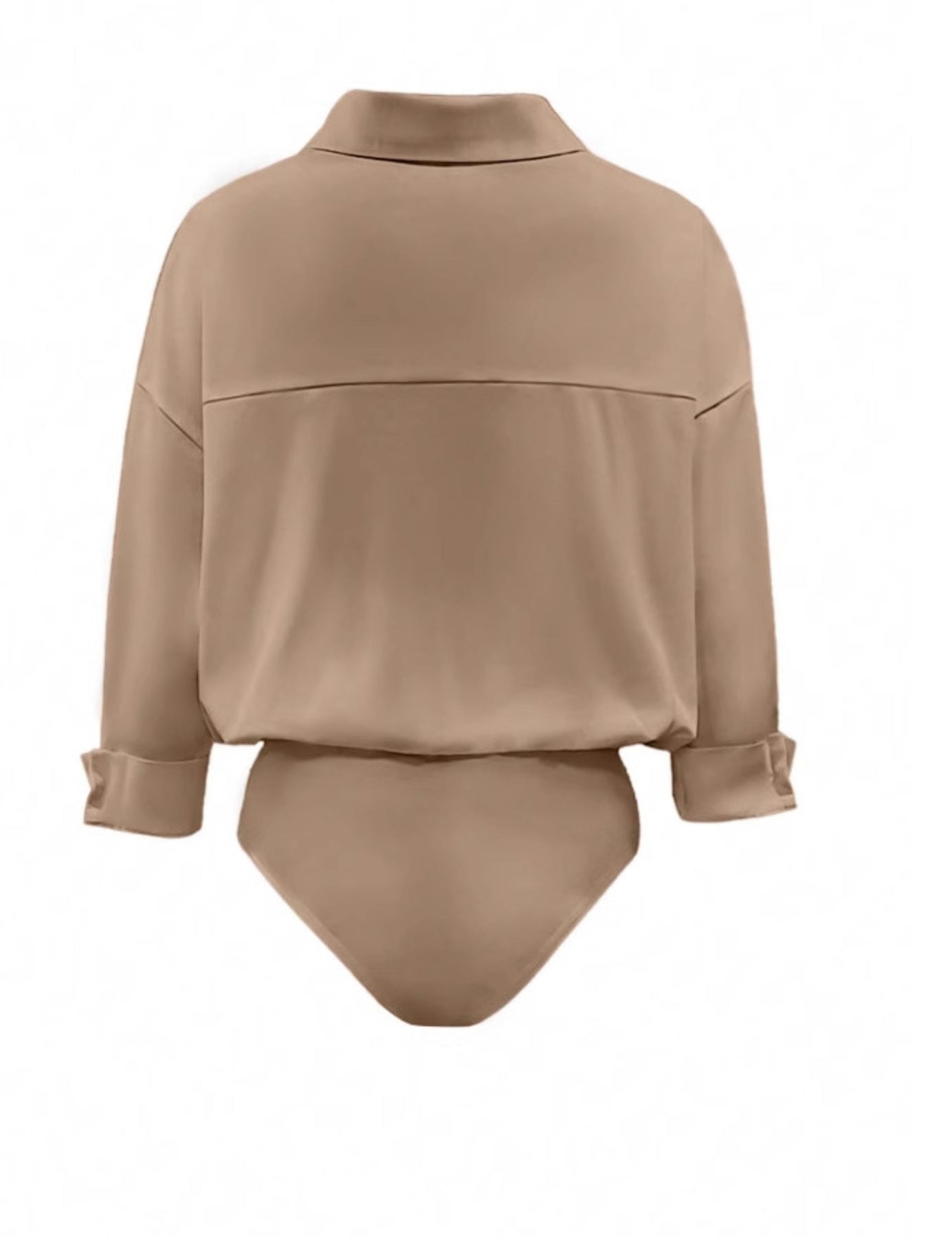 Khaki long sleeve collared bodysuit with button-down detail and cuffed sleeves