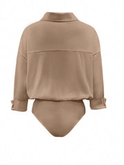 Khaki long sleeve collared bodysuit with button-down detail and cuffed sleeves