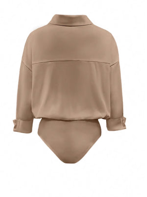 Khaki long sleeve collared bodysuit with button-down detail and cuffed sleeves