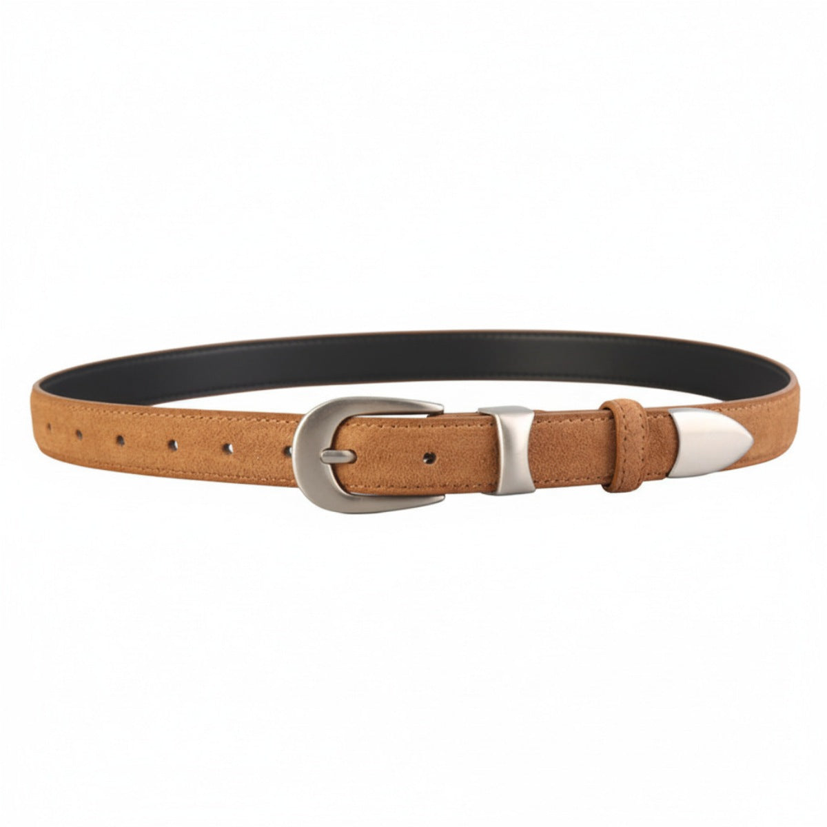 Brown cowhide leather belt with silver buckle and tip detail