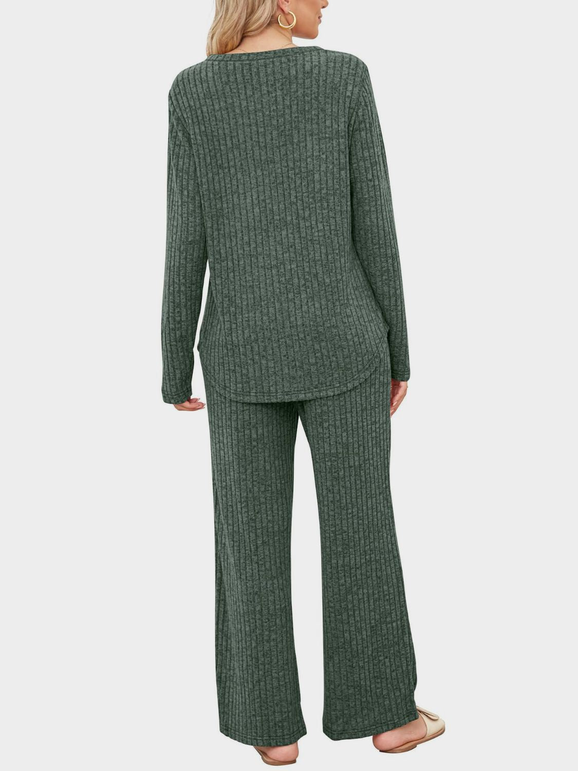 Ribbed knit lounge set in Army Green featuring long sleeve top and wide leg pants.