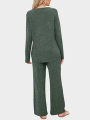 Ribbed knit lounge set in Army Green featuring long sleeve top and wide leg pants.