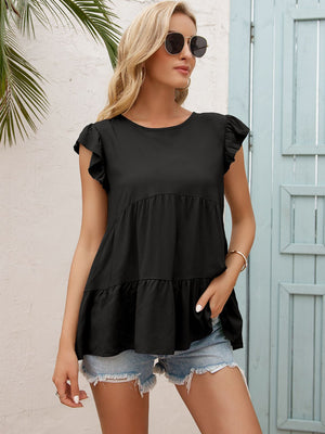 Black babydoll blouse with ruffled cap sleeves and tiered hem.