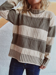 Textured stripe mock neck knit sweater in beige and olive green acrylic.