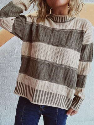 Textured stripe mock neck knit sweater in beige and olive green acrylic.
