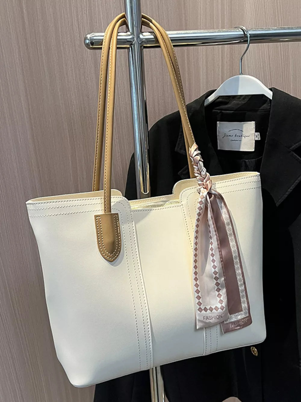 White large pu leather tote bag with tan straps and decorative scarf