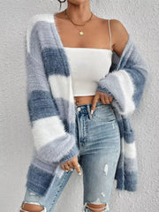 Textured stripe open front cardigan in blue and white fuzzy acrylic with relaxed fit.