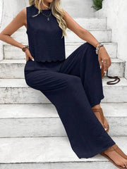 Dark blue linen lounge set with scalloped hem top and wide leg pants.