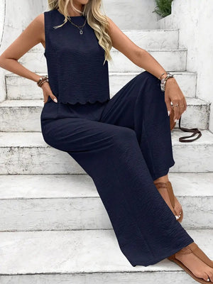 Dark blue linen lounge set with scalloped hem top and wide leg pants.