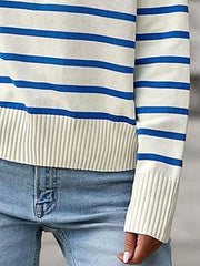 Striped knit sweater with blue and white horizontal stripes, ribbed cuffs and hem.