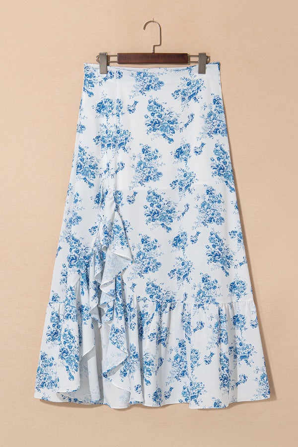Light blue toile print asymmetric ruffle skirt with a flowing silhouette.