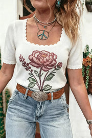 Floral Scalloped Knit Top With Short Sleeves