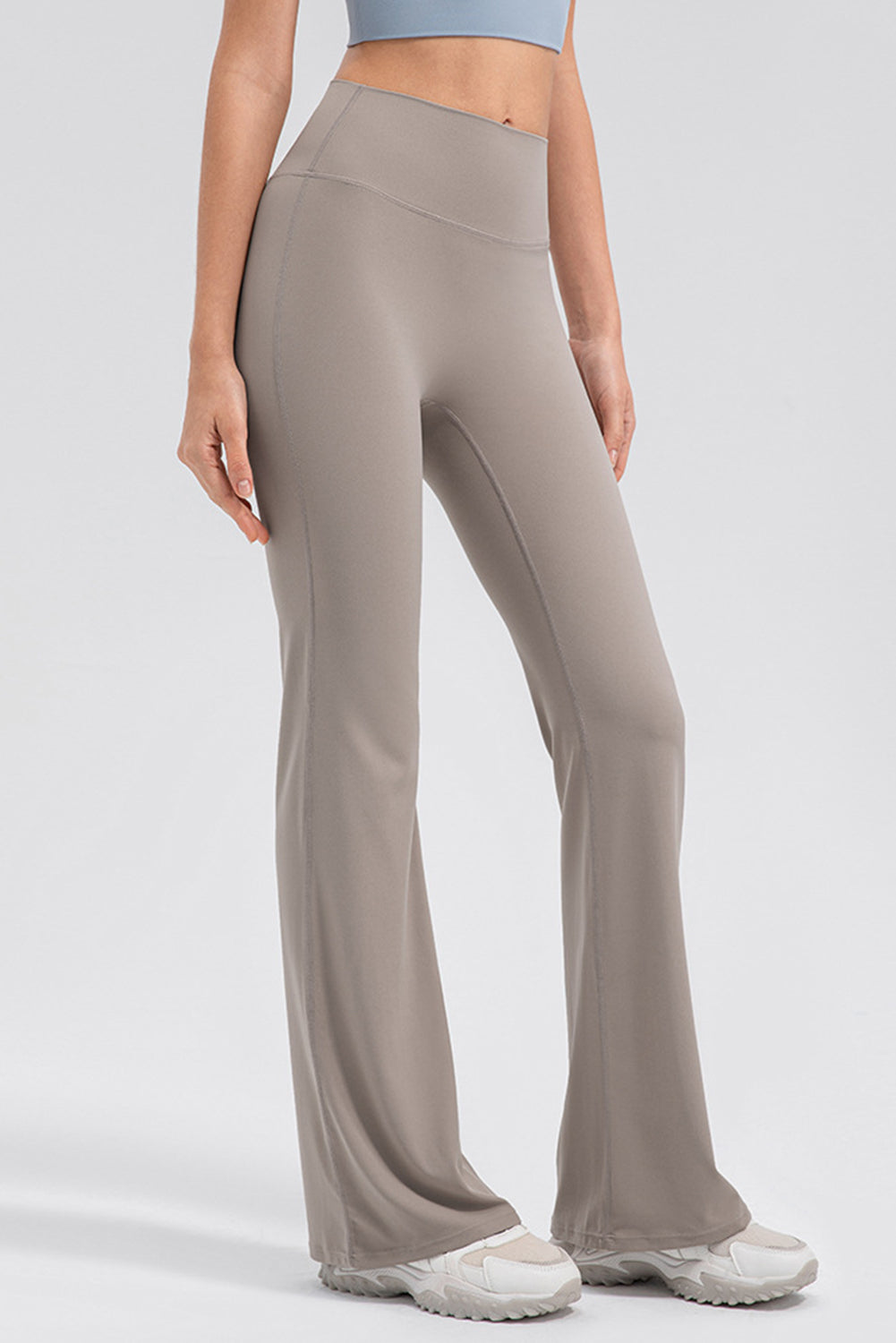 Tan flare leggings with high waist and performance fit