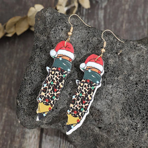 Festive pencil drop earrings with Santa hats, leopard print, and Christmas lights.