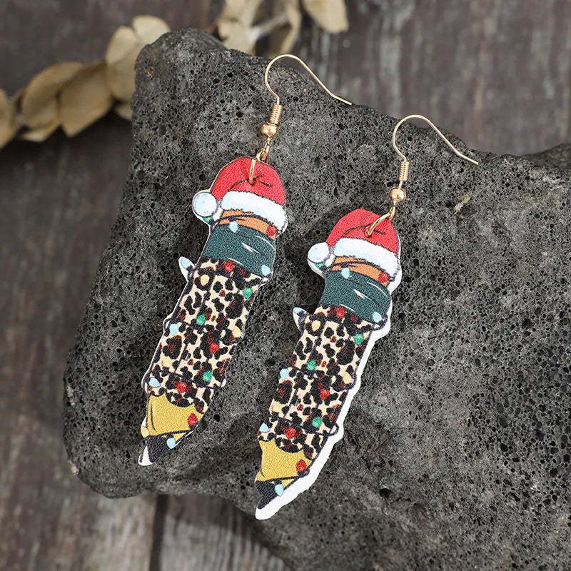 Festive pencil drop earrings with Santa hats, leopard print, and Christmas lights.