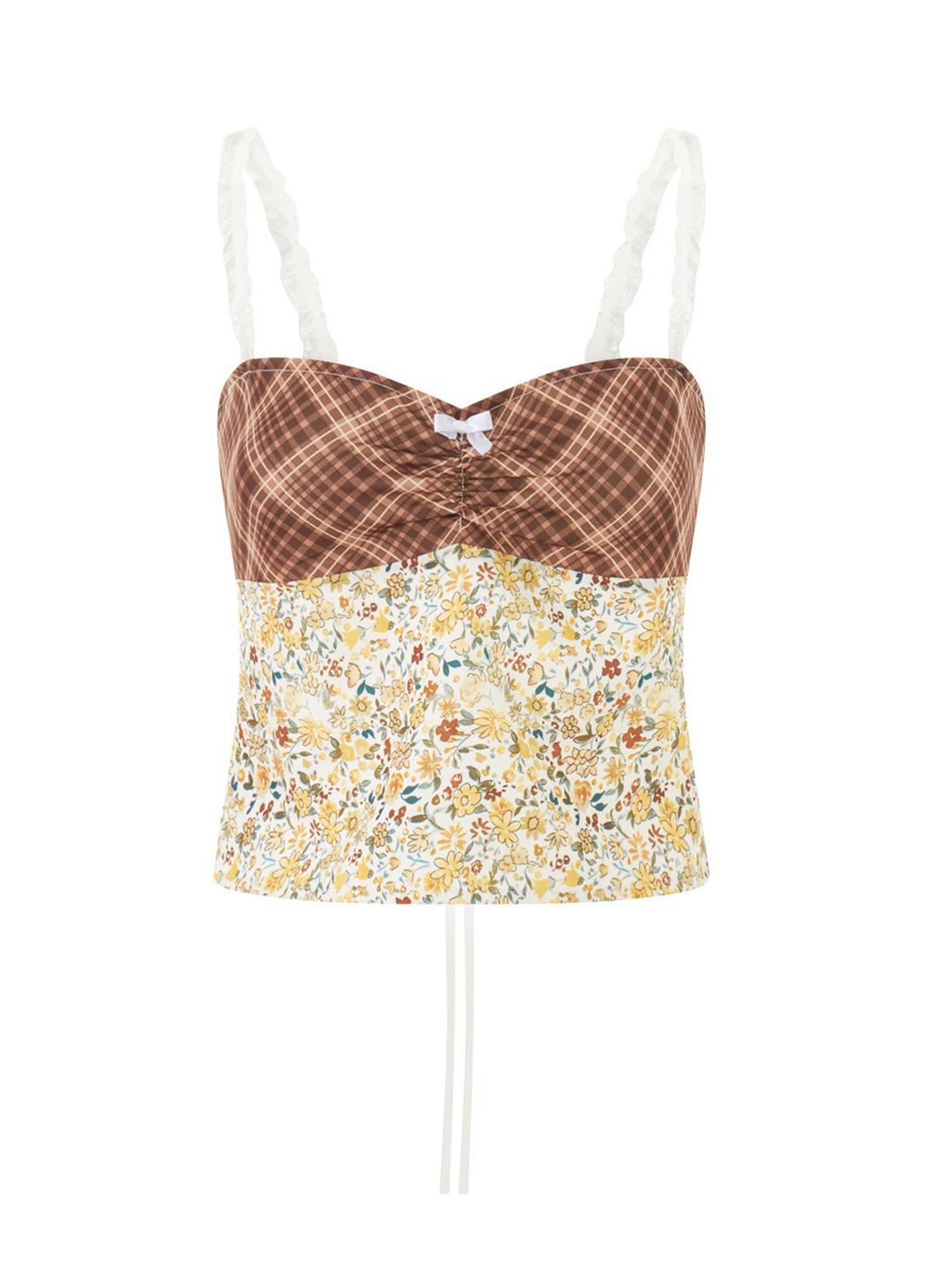 Mixed print corset cami with lace straps and a white bow detail.