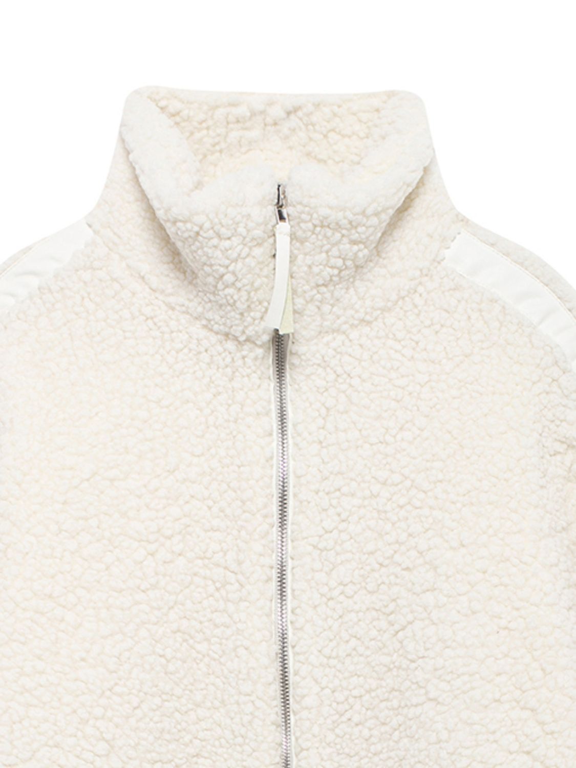 White teddy fleece zip-up jacket with contrast piping detail and stand-up collar.
