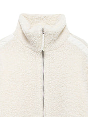 White teddy fleece zip-up jacket with contrast piping detail and stand-up collar.
