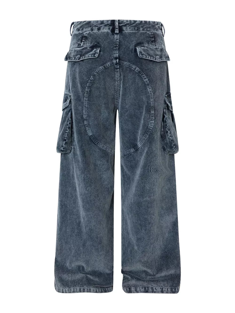 Blue corduroy cargo pants with textured fabric and functional pockets.