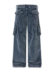 Blue corduroy cargo pants with textured fabric and functional pockets.