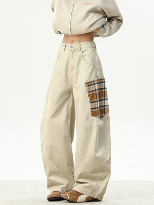 Men's beige wide leg sweatpants with plaid pocket detail