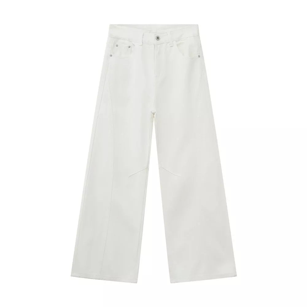 White cotton wide leg jeans with a relaxed fit and visible stitching details.