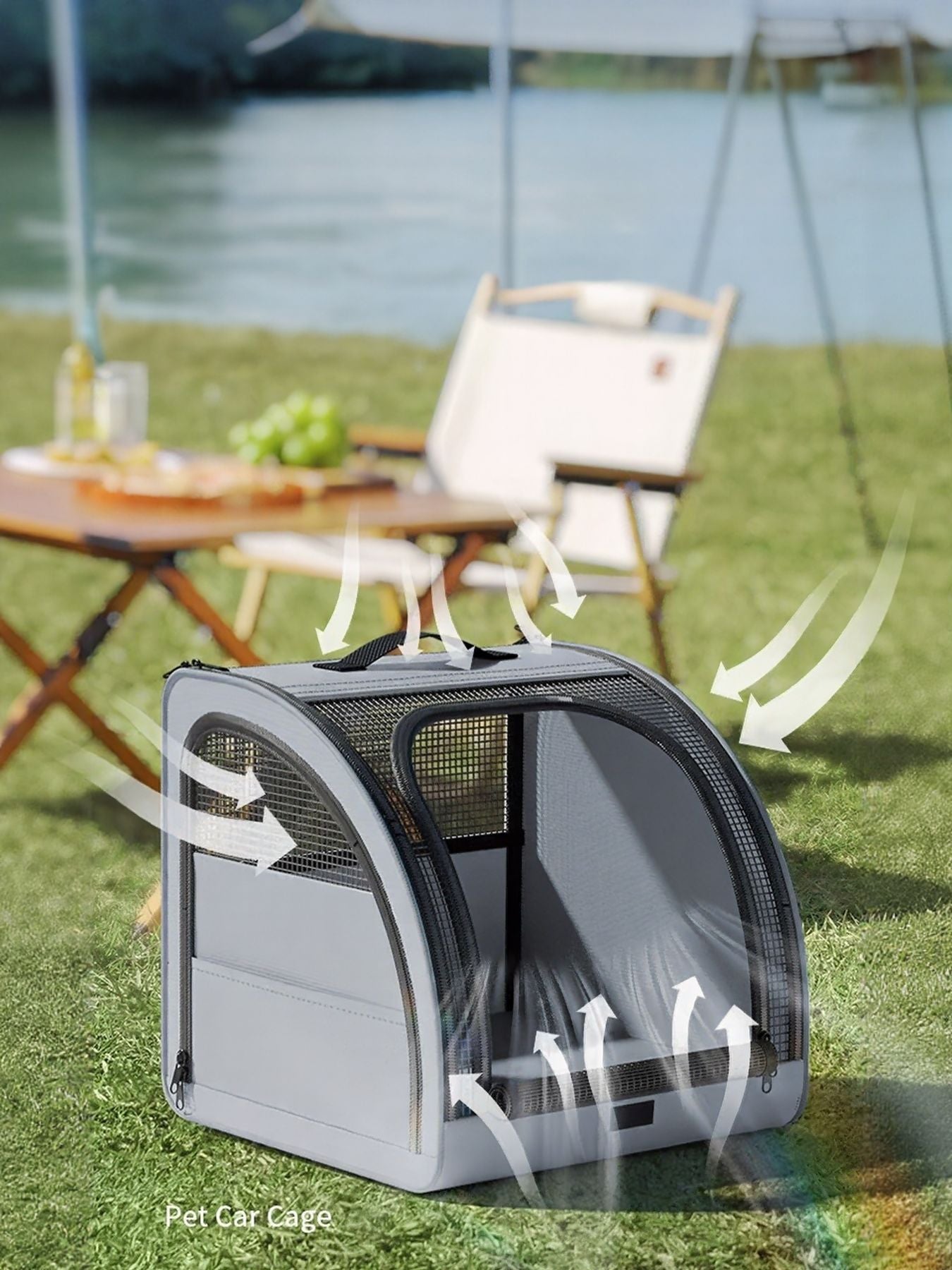 Gray travel-friendly pet carrier with mesh panels and airflow arrows, suitable for air travel.