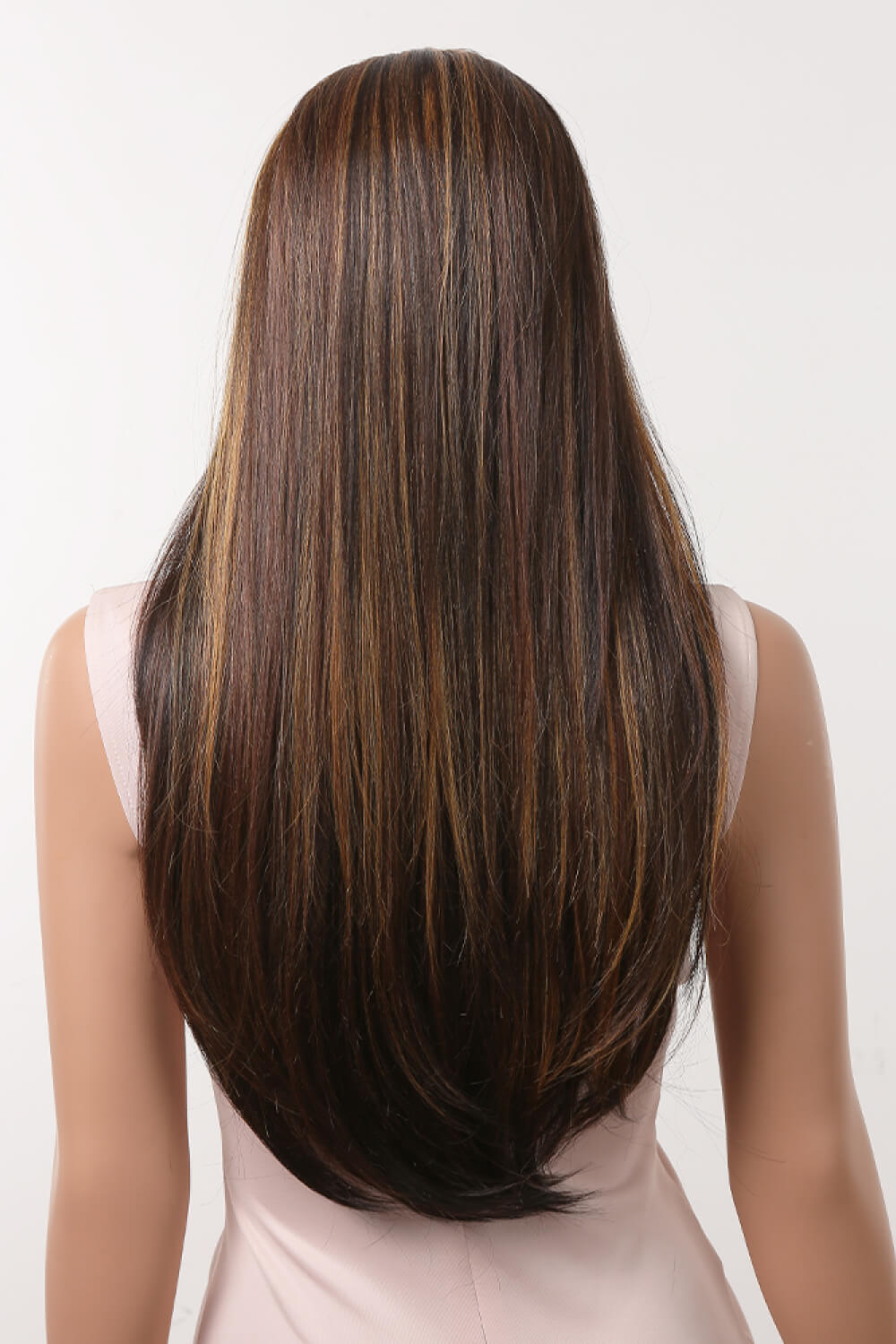 Balayage straight lace front wig in brown with caramel highlights, showing the back view.