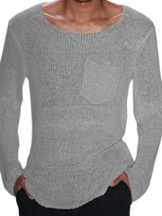 Gray slub knit sweater with scoop neck and chest pocket