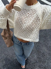 Crochet Knit Raglan Sleeve Sweater in White, close-up detail