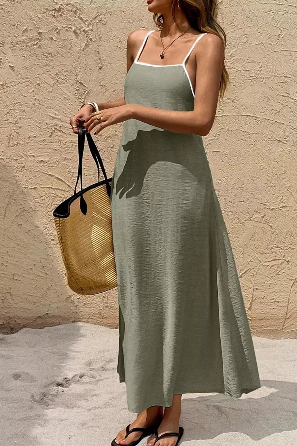Spaghetti Strap Maxi Dress With Contrast Trim in Matcha Green, front view