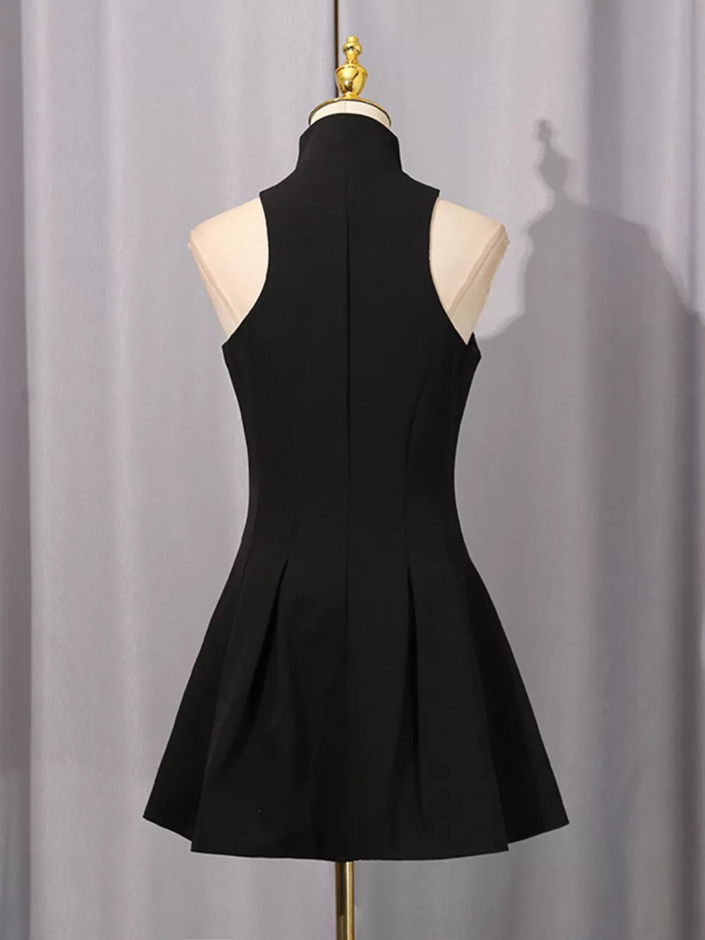 Zip Up Sleeveless Mini Dress in Black, fabric detail