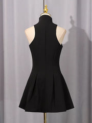 Zip Up Sleeveless Mini Dress in Black, fabric detail