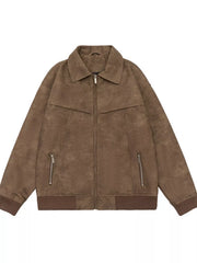 Brown suede bomber jacket with drop shoulders and zip pockets